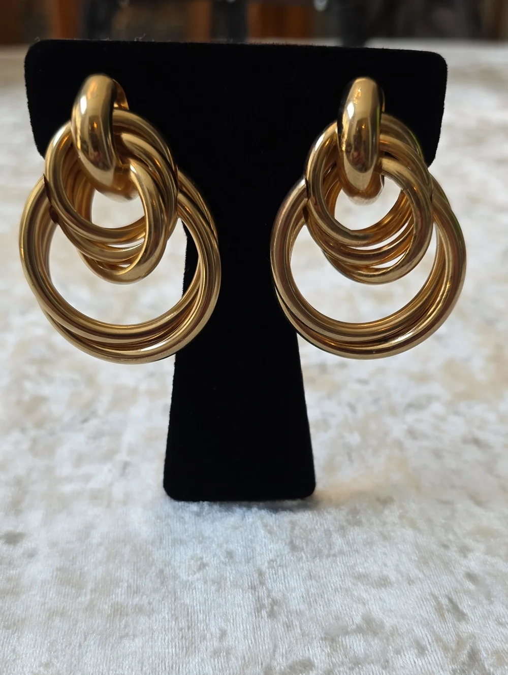 Polished Statement Gold-Tone Interlocking Triple Hoop Drop Earrings
